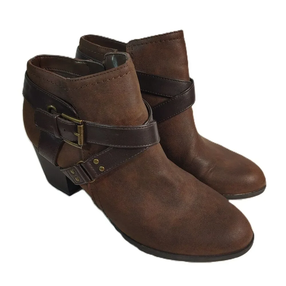 Indigo Rd Brown Ankle Boots Women’s 8.5 Buckle Harness Stacked Heel Zip Booties